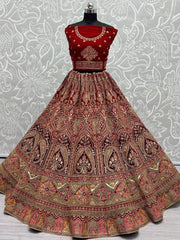 Pretty Red Fancy Embroidered Velvet Bridal Lehenga Choli