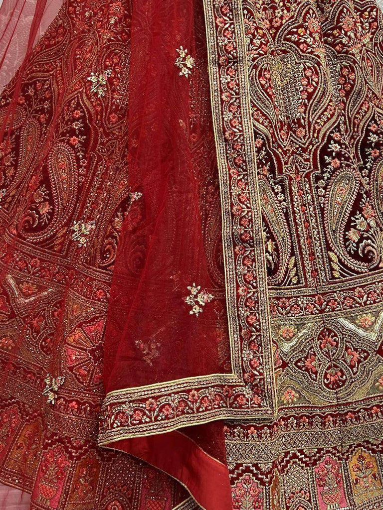 Pretty Red Fancy Embroidered Velvet Bridal Lehenga Choli