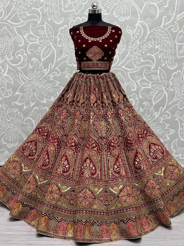 Gorgeous Maroon Fancy Embroidered  Velvet Bridal Lehenga Choli