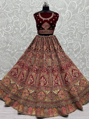 Gorgeous Maroon Fancy Embroidered  Velvet Bridal Lehenga Choli