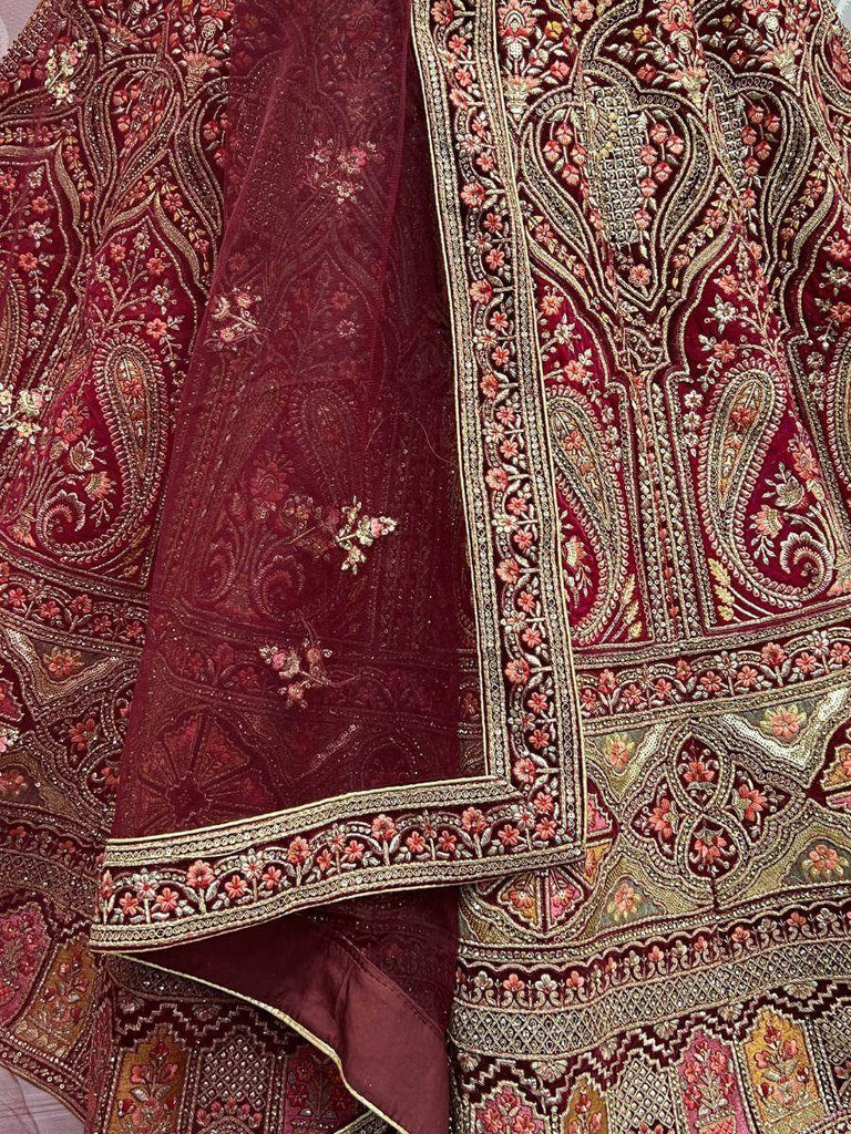Gorgeous Maroon Fancy Embroidered  Velvet Bridal Lehenga Choli