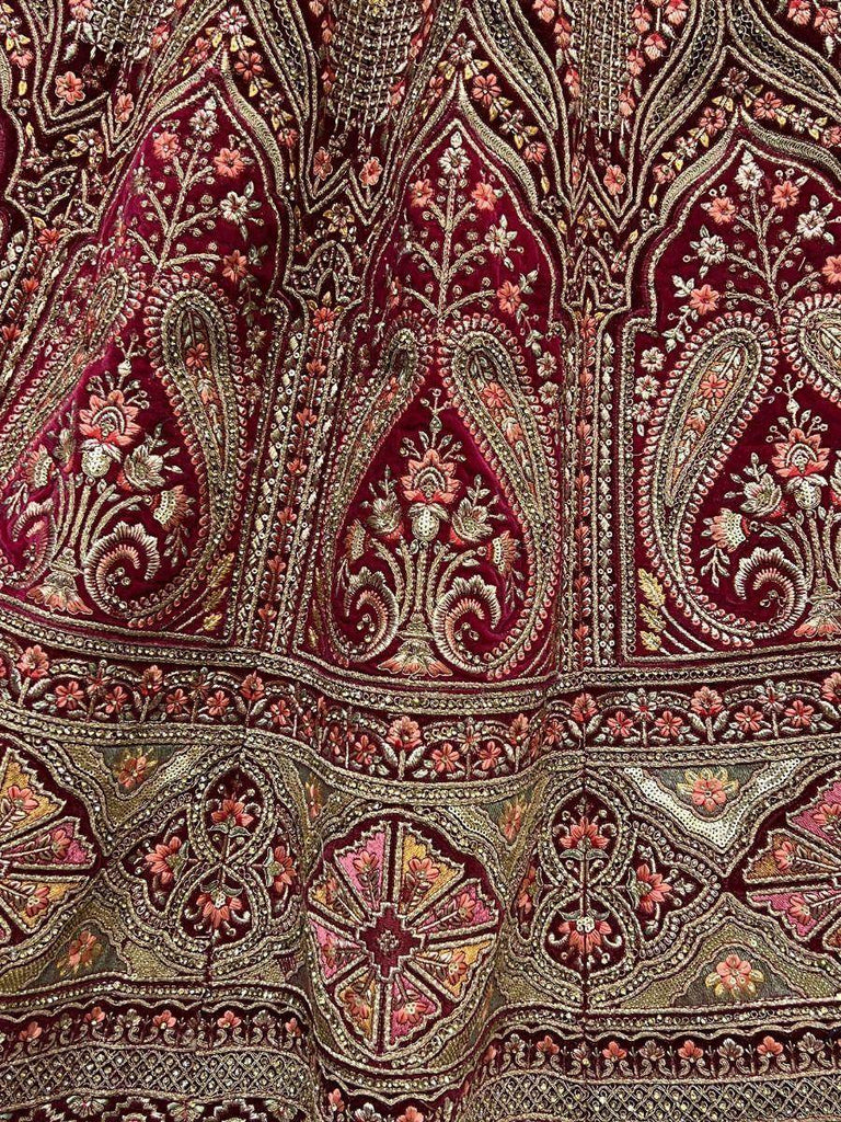 Gorgeous Maroon Fancy Embroidered  Velvet Bridal Lehenga Choli