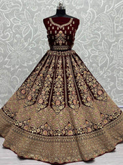 Splendid Maroon Fancy Embroidered Velvet Bridal Lehenga Choli