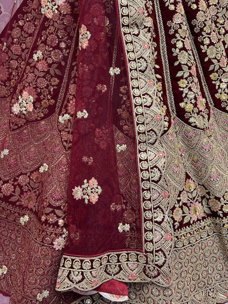 Splendid Maroon Fancy Embroidered Velvet Bridal Lehenga Choli