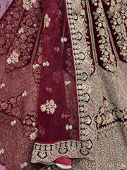 Splendid Maroon Fancy Embroidered Velvet Bridal Lehenga Choli