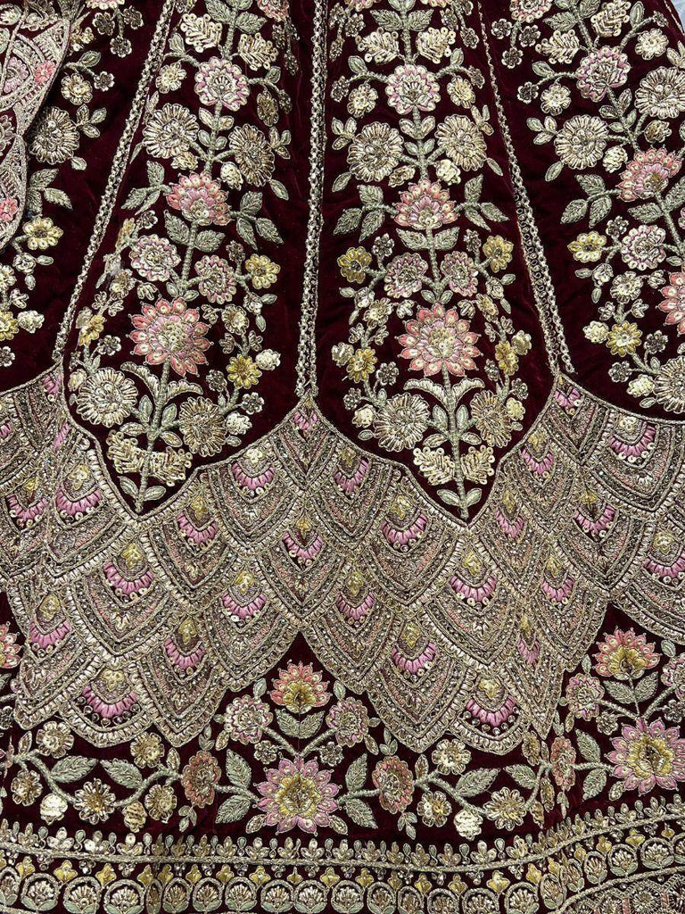 Splendid Maroon Fancy Embroidered Velvet Bridal Lehenga Choli