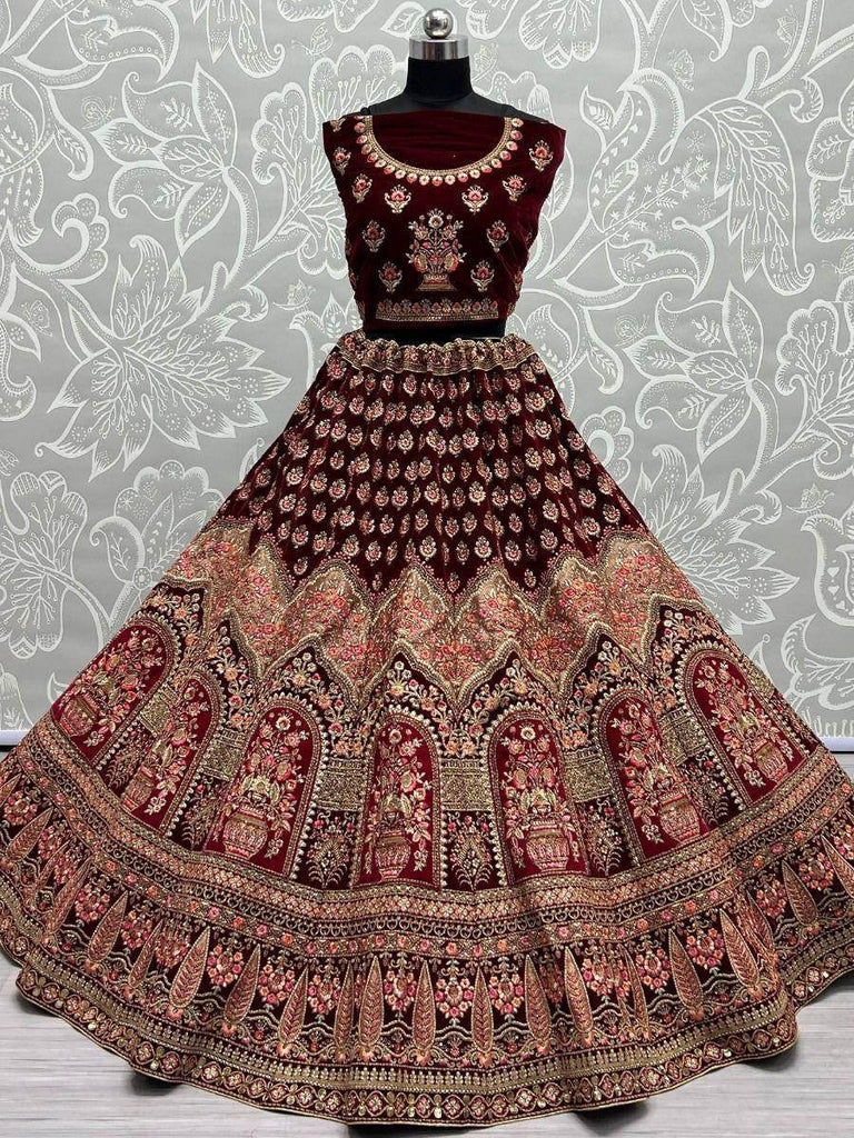 Glamorous Maroon Multi-Work Velvet Bridal Lehenga Choli