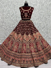 Glamorous Maroon Multi-Work Velvet Bridal Lehenga Choli