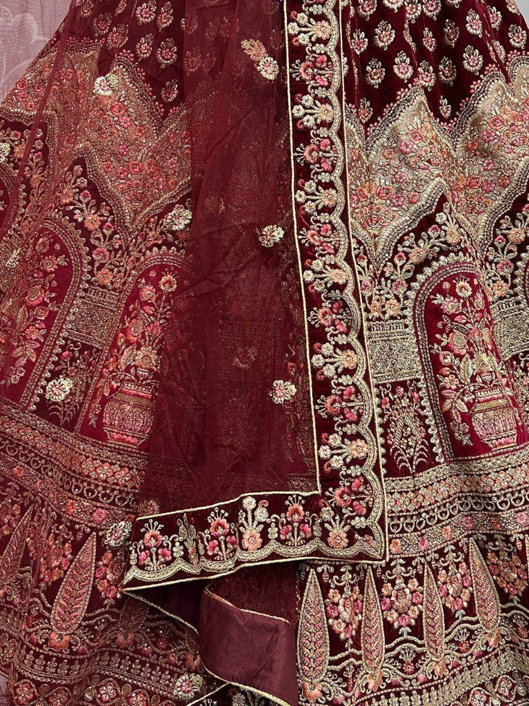 Glamorous Maroon Multi-Work Velvet Bridal Lehenga Choli