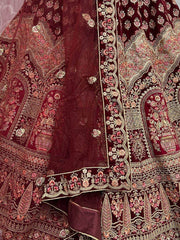 Glamorous Maroon Multi-Work Velvet Bridal Lehenga Choli