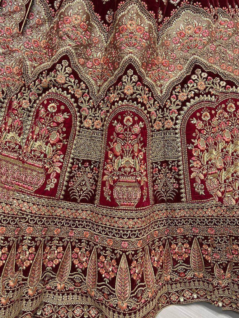 Glamorous Maroon Multi-Work Velvet Bridal Lehenga Choli