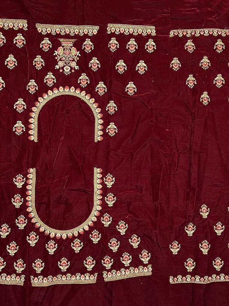 Glamorous Maroon Multi-Work Velvet Bridal Lehenga Choli