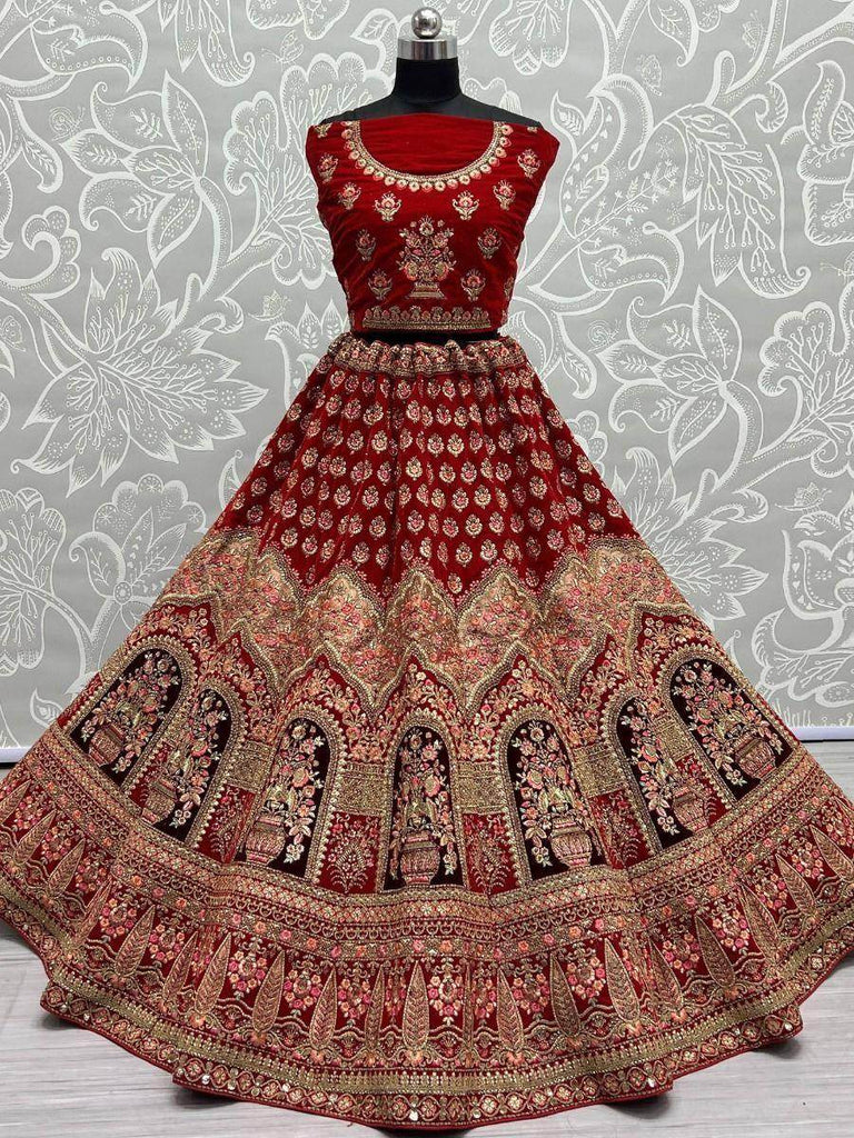 Winsome Red Multi-Work Velvet Bridal Lehenga Choli