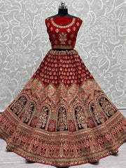 Winsome Red Multi-Work Velvet Bridal Lehenga Choli