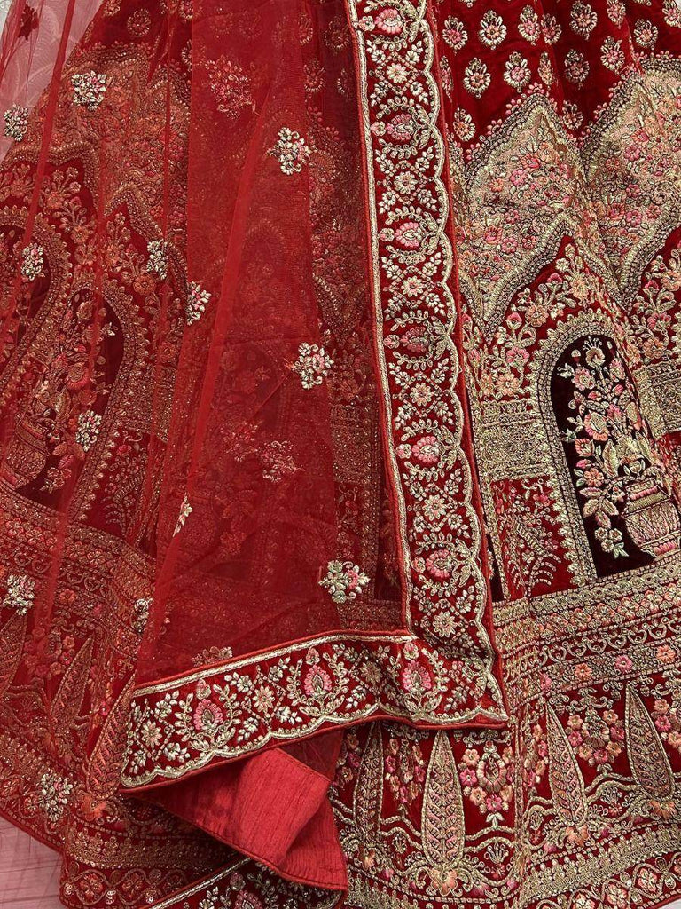 Winsome Red Multi-Work Velvet Bridal Lehenga Choli