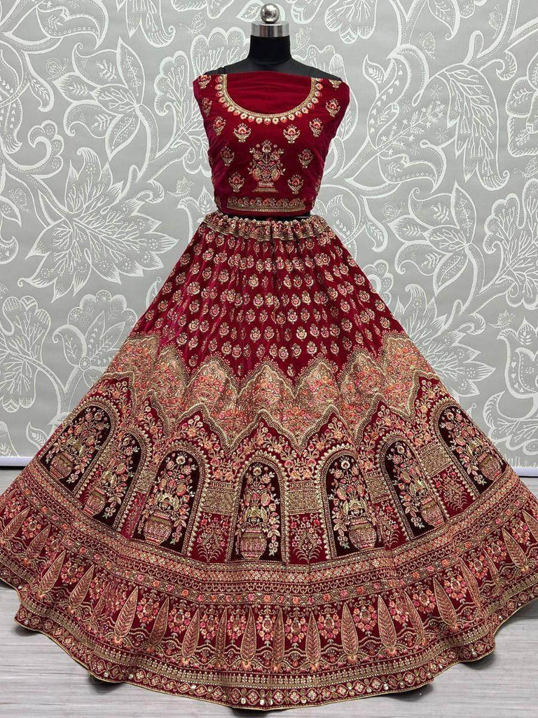 Seductive Hot Pink Multi Embroidered Velvet Bridal Lehenga