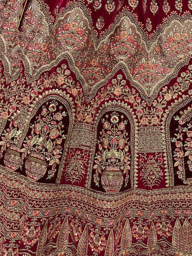 Seductive Hot Pink Multi Embroidered Velvet Bridal Lehenga