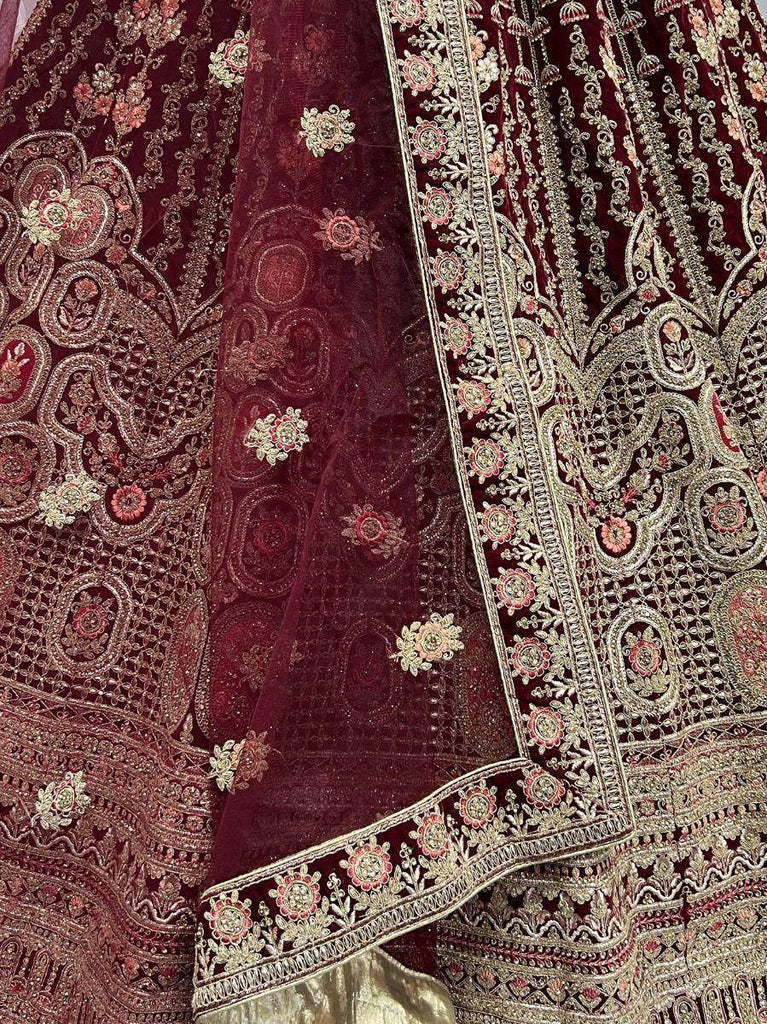 Imperial Maroon Fancy Embroidery Velvet Bridal Lehenga Choli