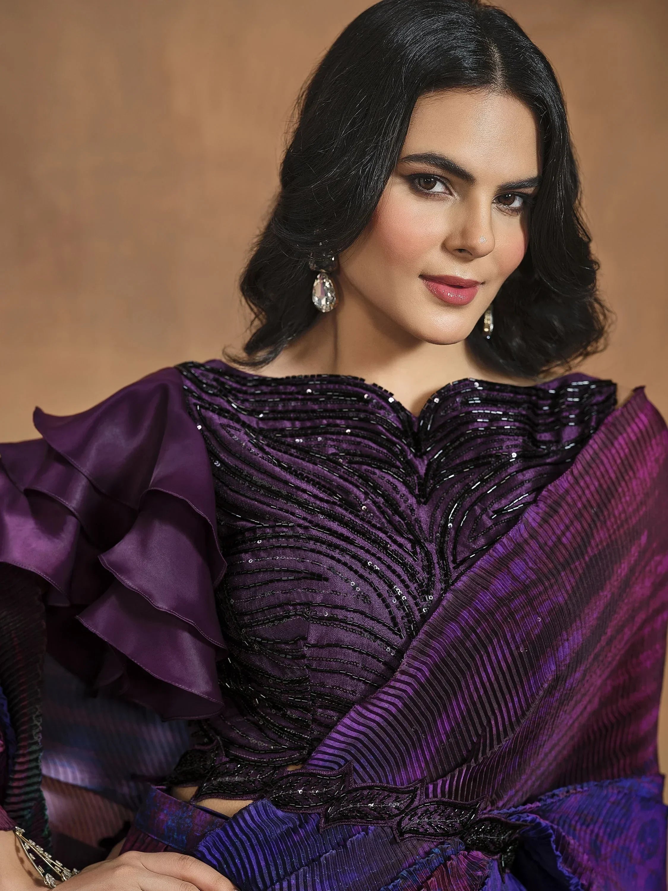 Wonderful Purple Pleated Satin Silk Ready To Wear Saree With Blouse