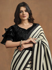 Charming Off-White Pleated Satin Silk Ready To Wear Saree With Blouse