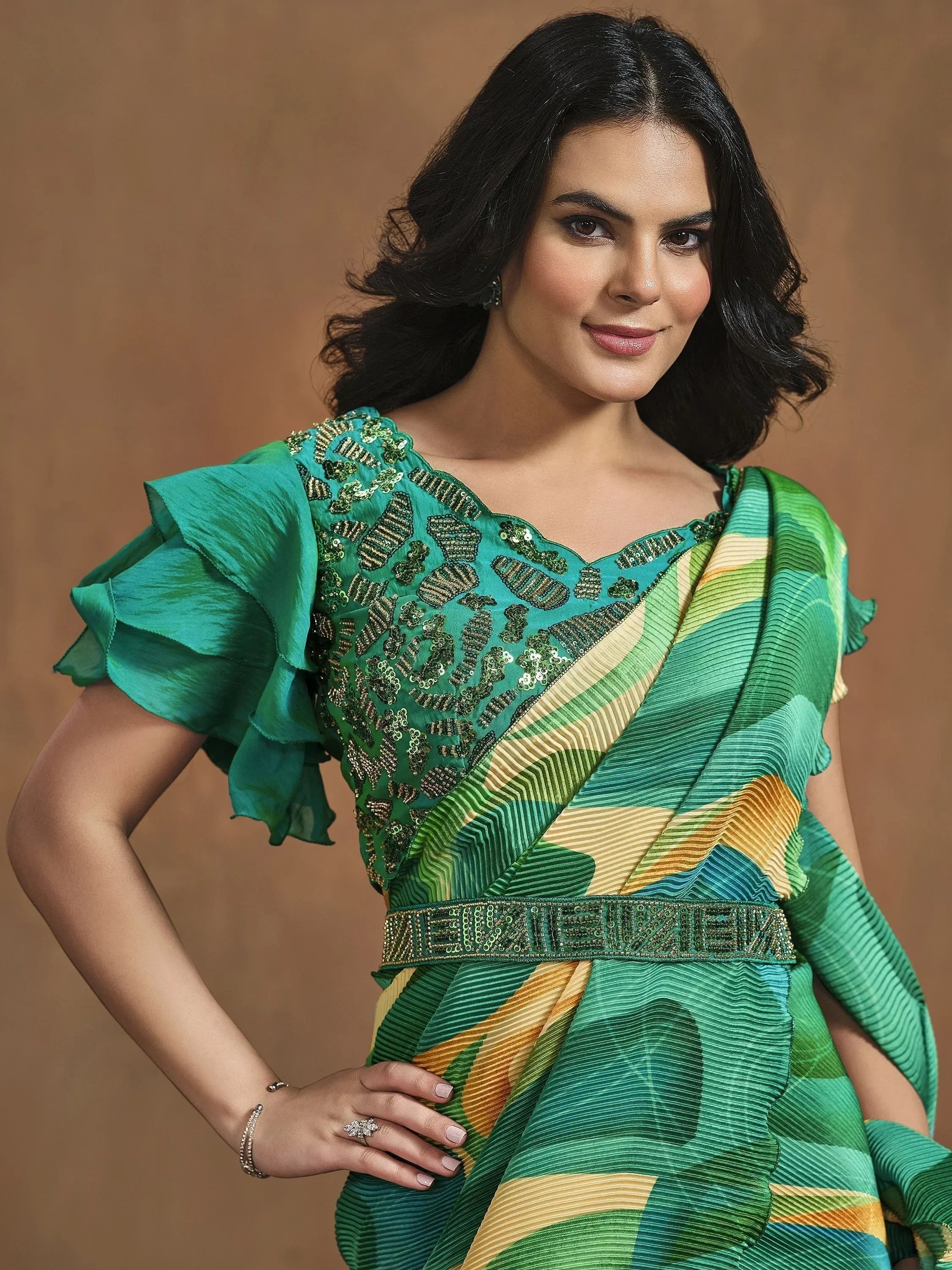 Unique Multi Color Pleated Satin Silk Ready To Wear Saree With Blouse