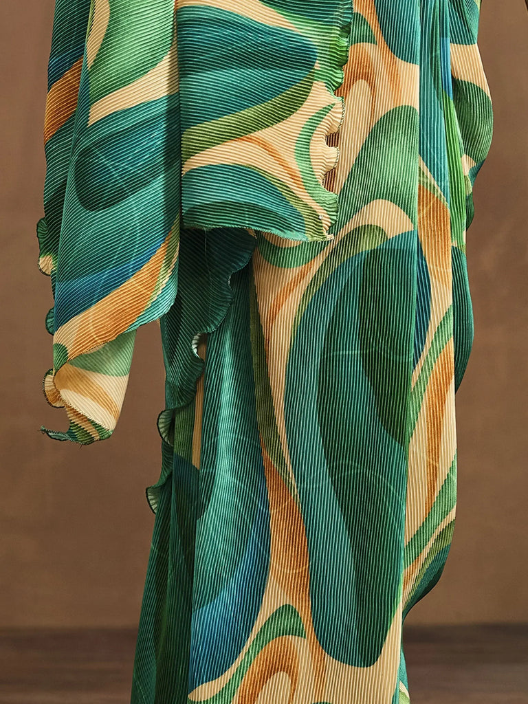 Unique Multi Color Pleated Satin Silk Ready To Wear Saree With Blouse