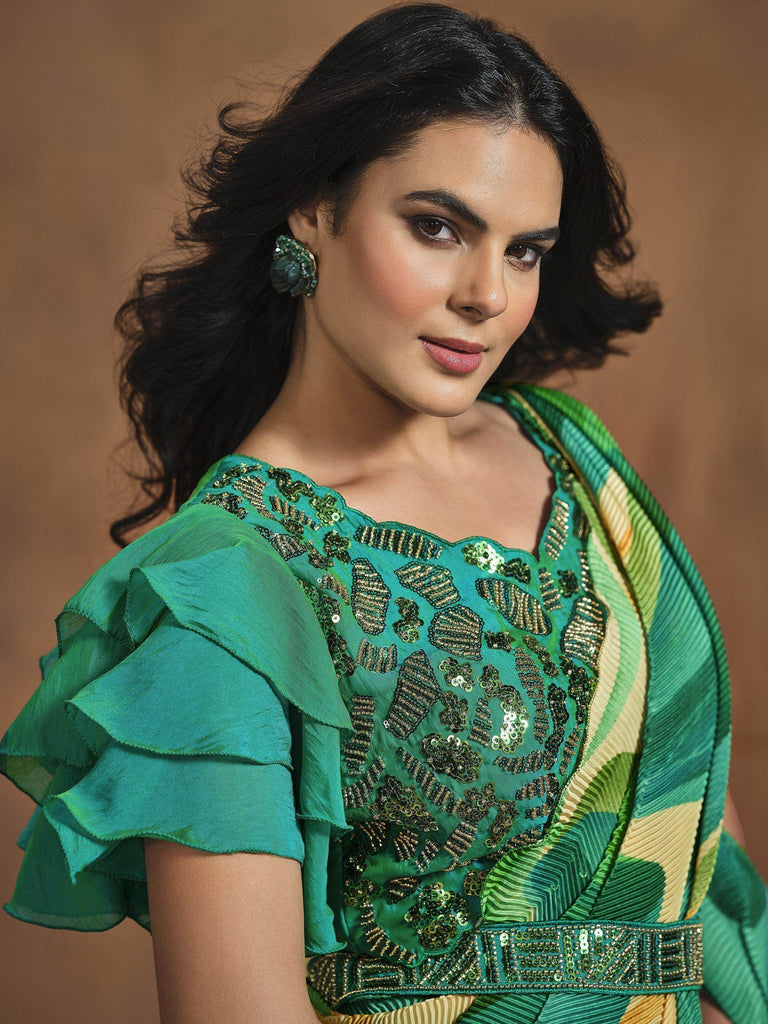 Unique Multi Color Pleated Satin Silk Ready To Wear Saree With Blouse
