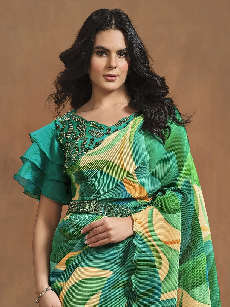 Unique Multi Color Pleated Satin Silk Ready To Wear Saree With Blouse
