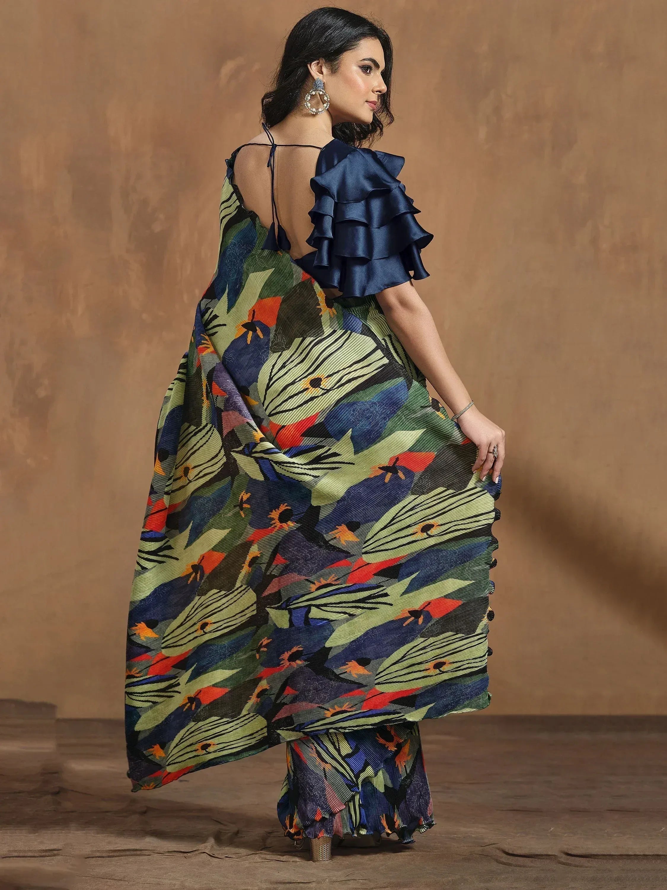 Floral print ethnic gown with ruffle sleeve and open back, stylish Indian wear