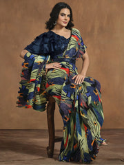 Pretty Multi Color Pleated Satin Silk Ready To Wear Saree With Blouse
