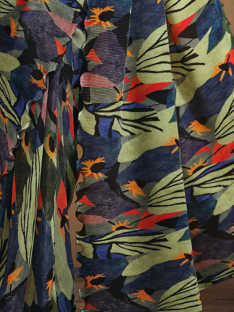 Pretty Multi Color Pleated Satin Silk Ready To Wear Saree With Blouse
