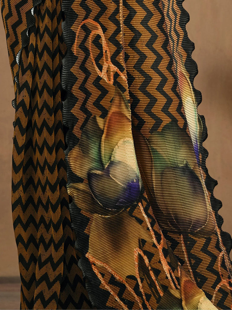 Adorable Mustard Pleated Satin Silk Ready To Wear Saree With Blouse