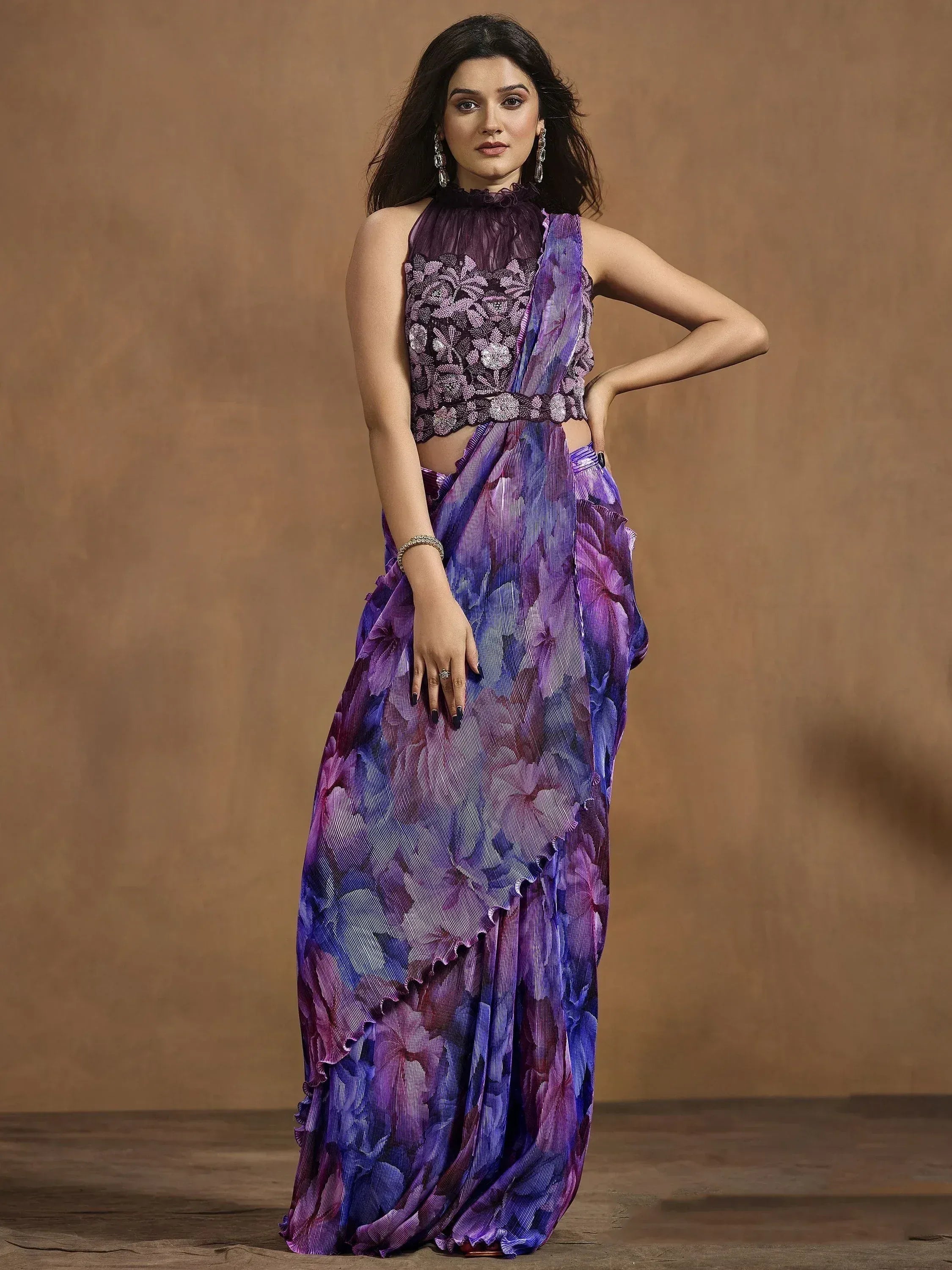 Purple floral printed saree with embroidered blouse, Indian ethnic wear