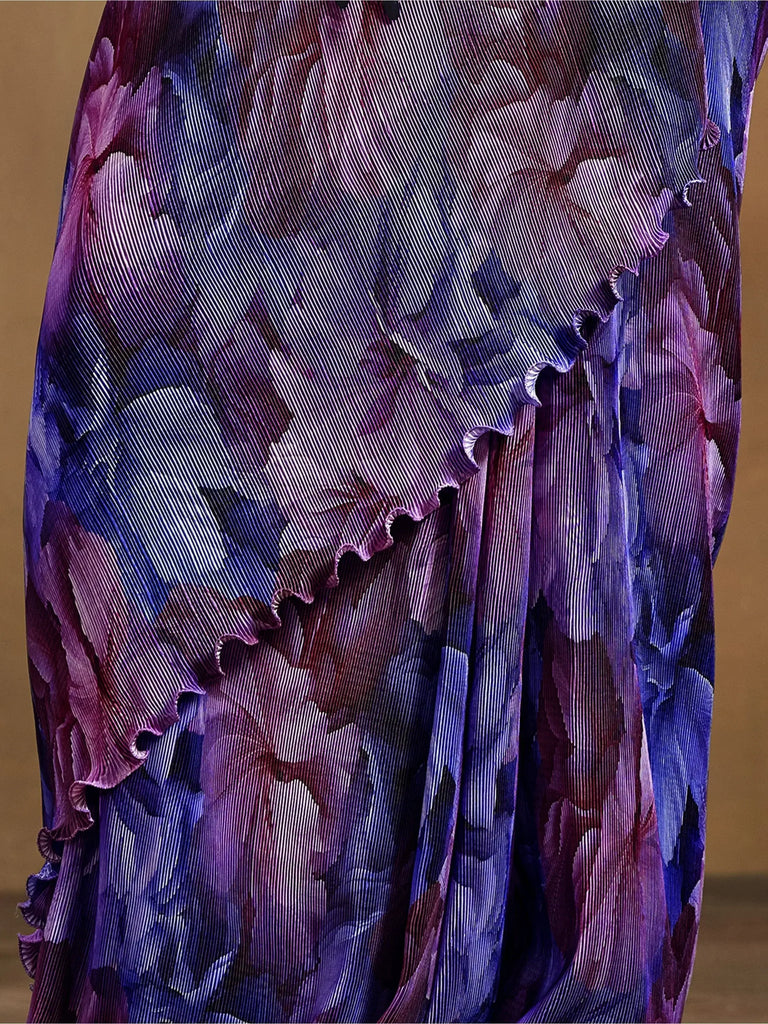Dazzling Purple Pleated Satin Silk Ready To Wear Saree With Blouse