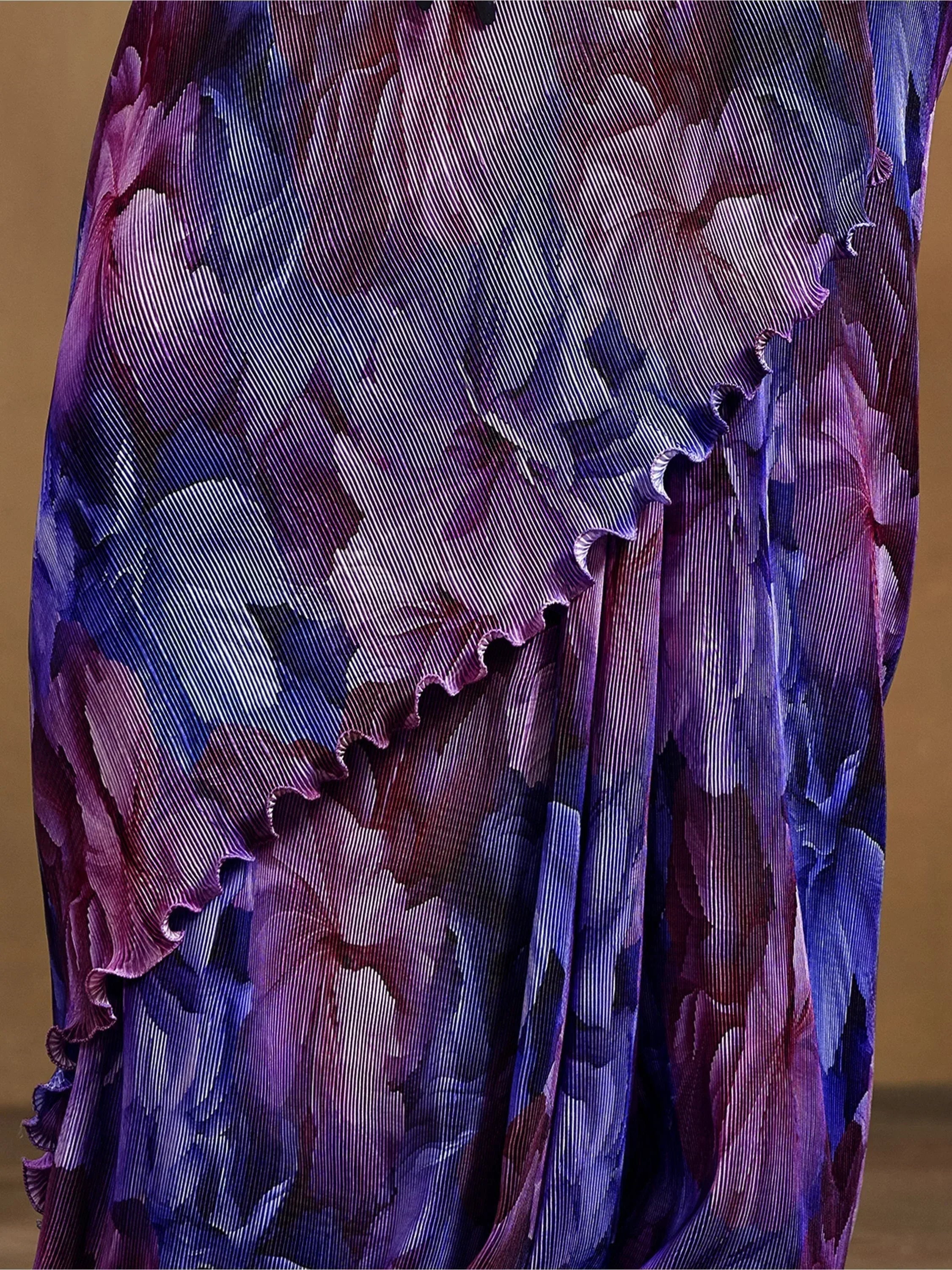 Purple and blue floral printed ethnic gown with ruffled hem detail
