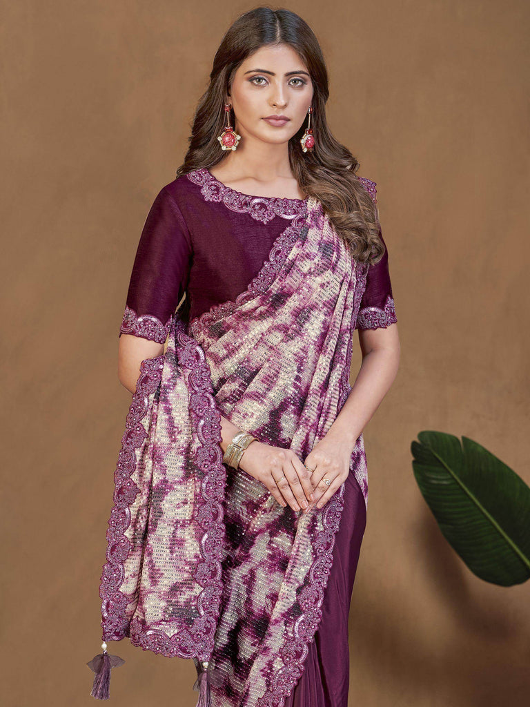 Flashy Wine Sequins Work Satin Silk Ready To Wear Saree With Blouse