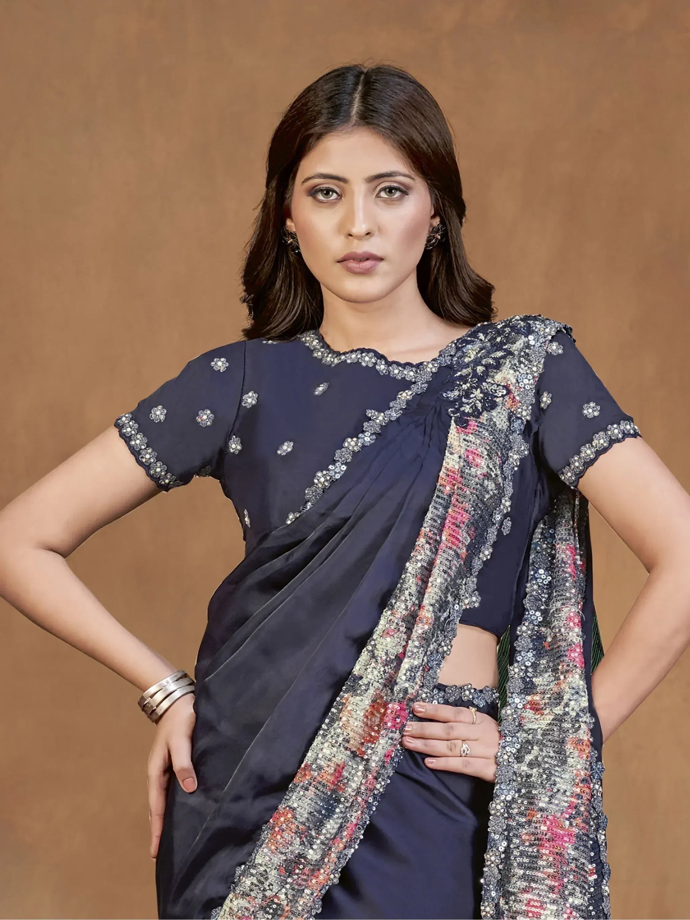 Navy blue designer saree with sequin and floral embroidery, perfect for ethnic occasions