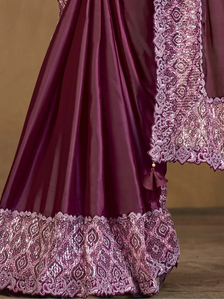 Winsome Wine Sequins Work Satin Silk Ready To Wear Saree With Blouse