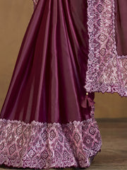 Winsome Wine Sequins Work Satin Silk Ready To Wear Saree With Blouse