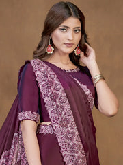 Winsome Wine Sequins Work Satin Silk Ready To Wear Saree With Blouse