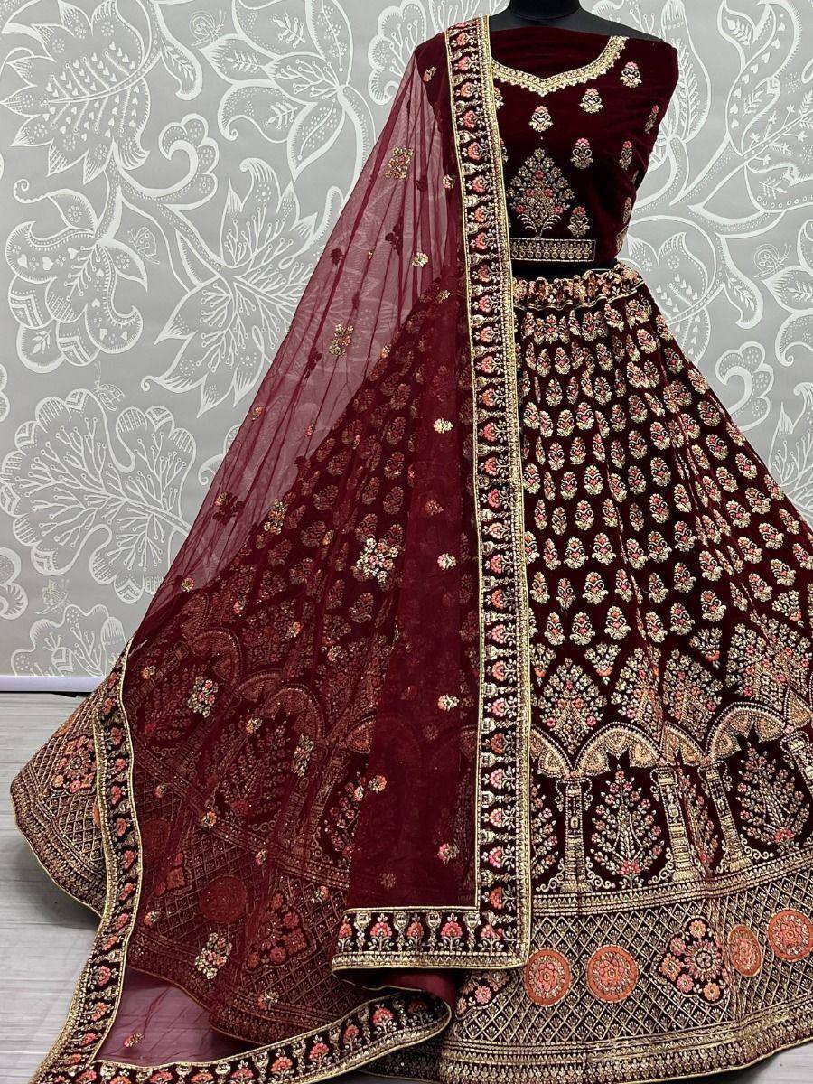 Maroon velvet lehenga choli with gold embroidery and sheer dupatta, Indian ethnic wear