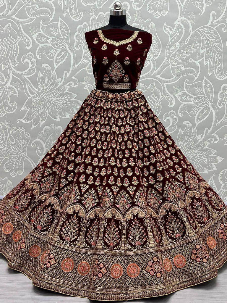 Ravishing Maroon Zari Work Velvet Bridal Wear Lehenga Choli