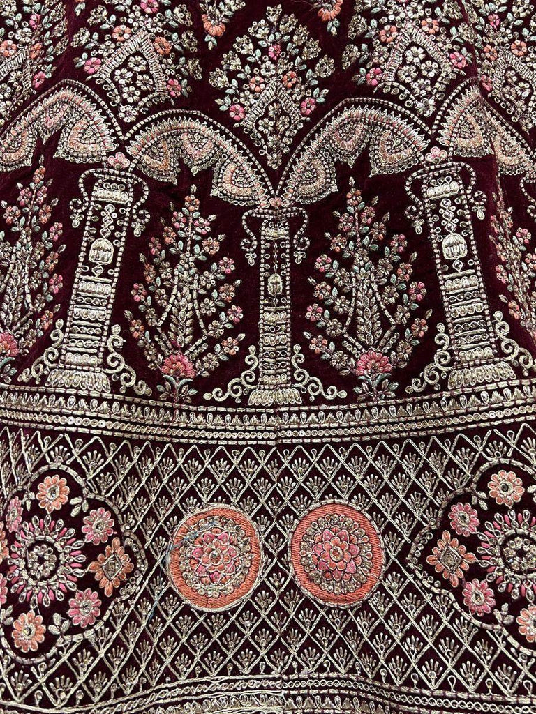 Ravishing Maroon Zari Work Velvet Bridal Wear Lehenga Choli