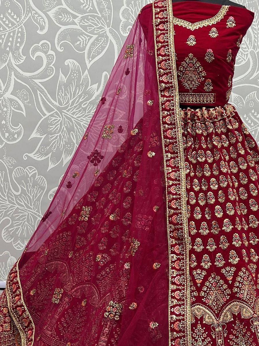 Maroon velvet lehenga choli with gold embroidery and sheer dupatta, Indian ethnic wear