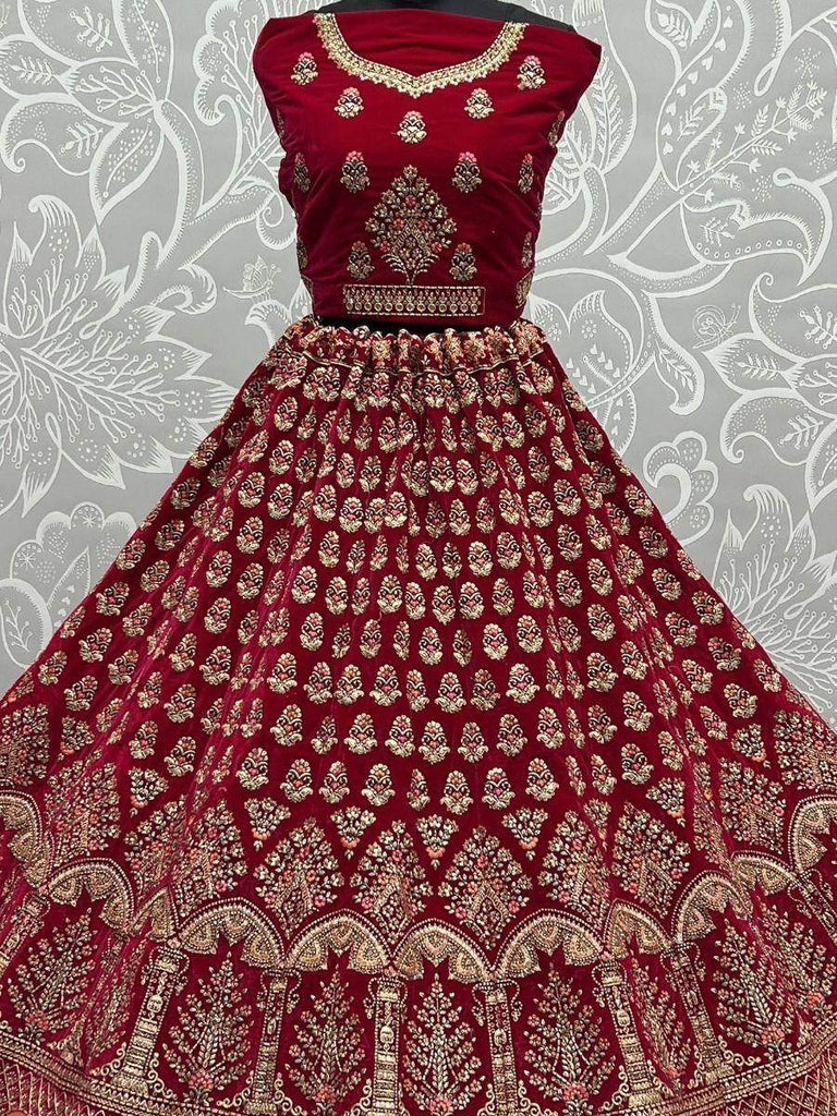 Stunning Rani Pink Zari Work Velvet Bridal Wear Lehenga Choli