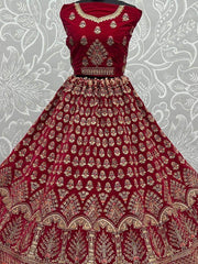 Stunning Rani Pink Zari Work Velvet Bridal Wear Lehenga Choli