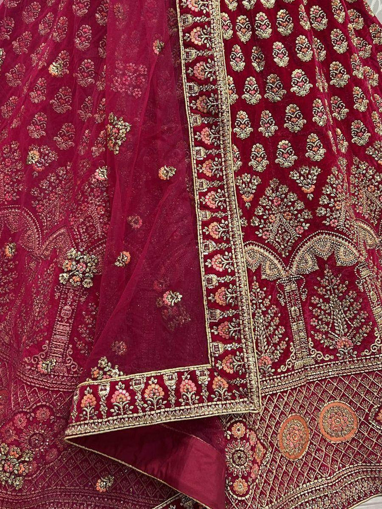 Stunning Rani Pink Zari Work Velvet Bridal Wear Lehenga Choli