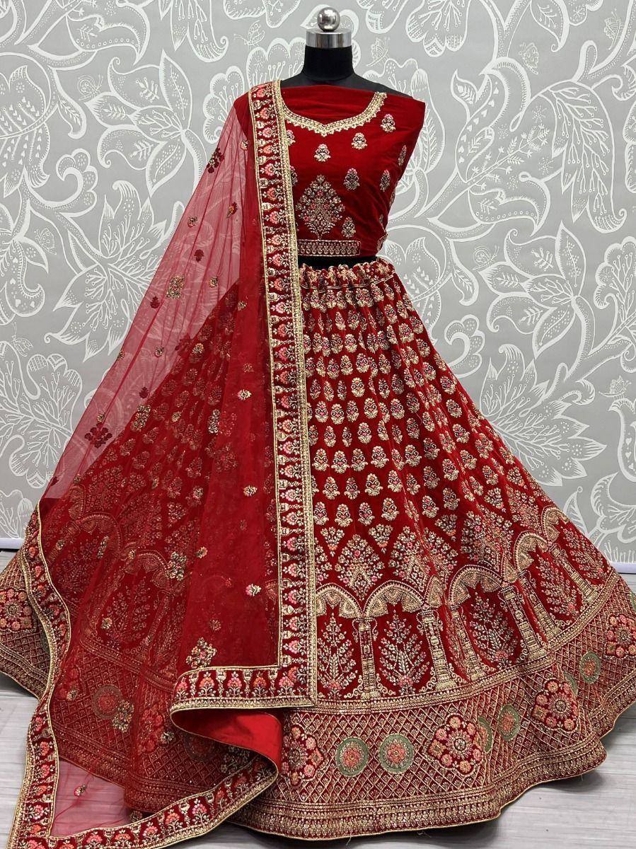 Red velvet lehenga choli with gold embroidery and matching dupatta, Indian ethnic wear