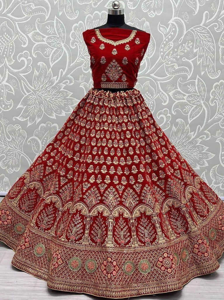 Gorgeous Scarlette Red Mutli-thread Embroidered Velvet Bridal Lehenga Choli