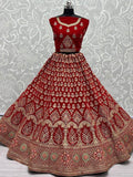 Gorgeous Scarlette Red Mutli-thread Embroidered Velvet Bridal Lehenga Choli